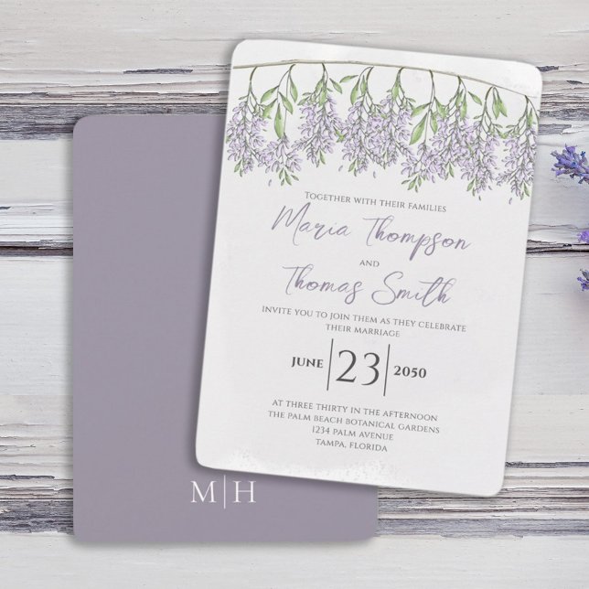 Watercolor Floral Calligraphy Script Elegant Lilac Invitation (Watercolor elegant Spring wisteria flower vine wedding invitation. )