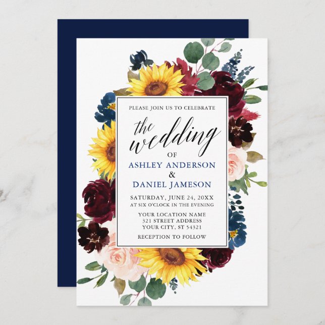 Watercolor Floral Calligraphy Wedding Blue Invitation (Front/Back)