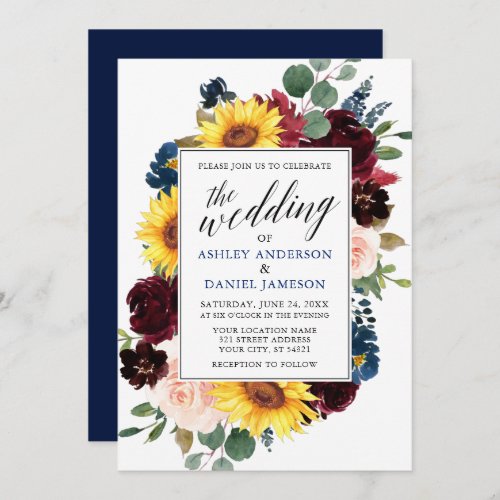 Watercolor Floral Calligraphy Wedding Blue Invitation