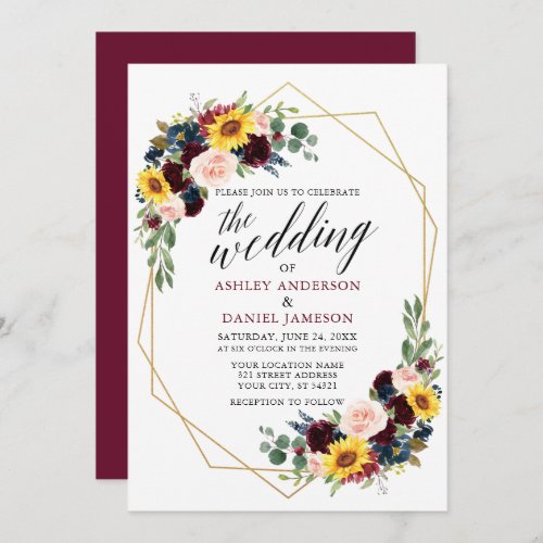 Watercolor Floral Calligraphy Wedding Geometric Invitation