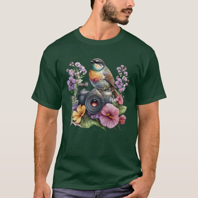 Watercolor Floral Camera With Bird funny T-Shirt (Front)
