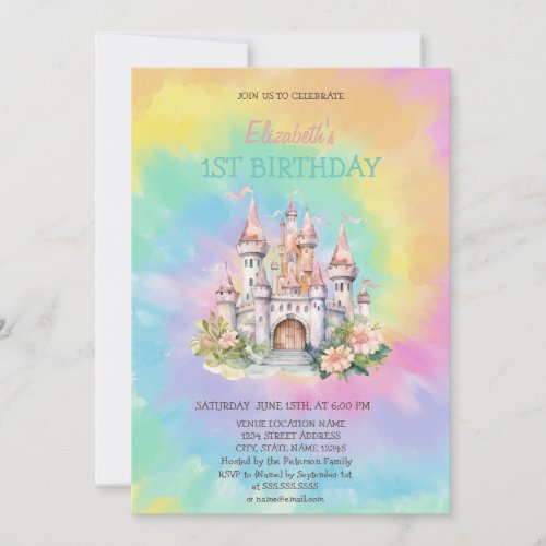 Watercolor Floral Castle Tie Dye Birthday   Invitation
