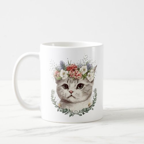 Watercolor Floral Cat Cute Coffee Mug