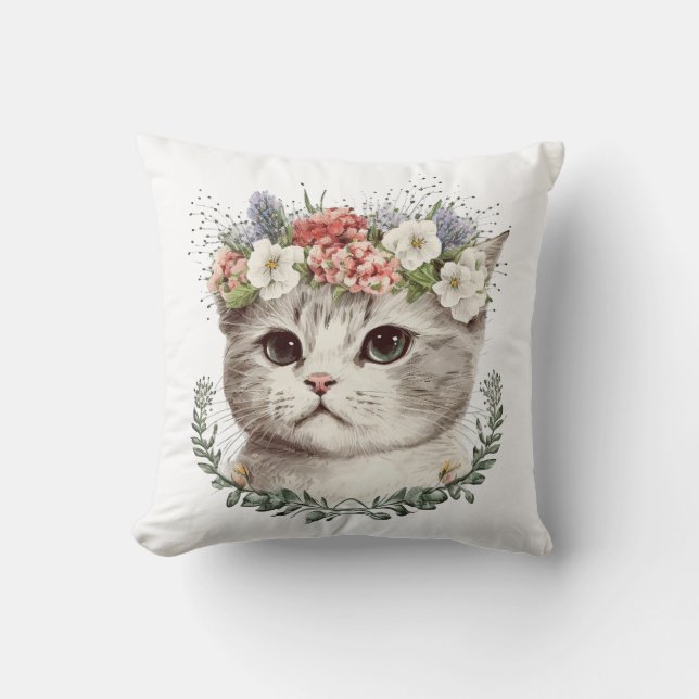 Watercolor Floral Cat Cute Throw Pillow (Front)