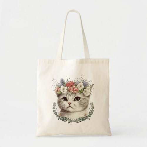 Watercolor Floral Cat Cute Tote Bag
