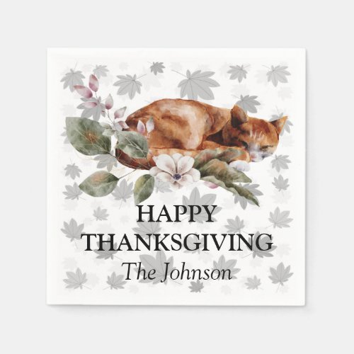 Watercolor Floral Cat Maple Leaves Thanksgiving Napkins