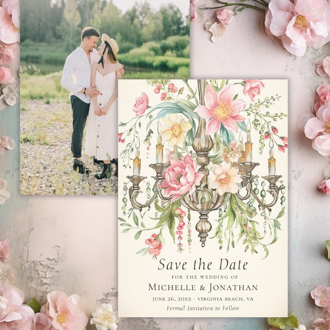 Watercolor Floral Chandelier Wedding Photo Save The Date (Watercolor Floral Chandelier Wedding Photo Save The Date)