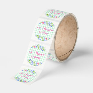 Watercolor Floral Check LIFE is Better TOWN NAME Classic Round Sticker