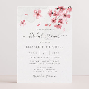 Watercolor Floral Cherry Blossom Bridal Shower Invitation by sweetbirdiestudio at Zazzle