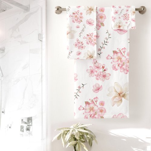 Watercolor Floral Cherry Blossom Floral Pattern Bath Towel Set