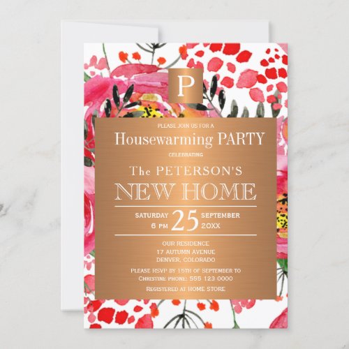 Watercolor floral chic monogram housewarming party invitation