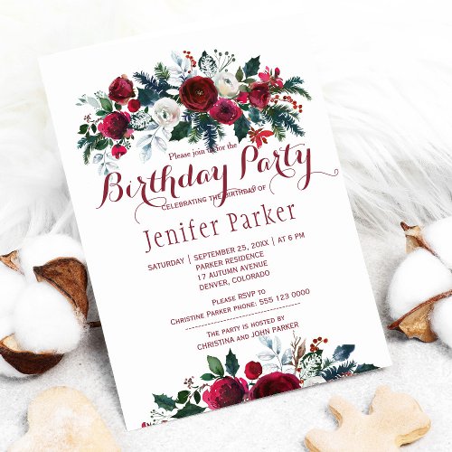 Watercolor floral chic winter birthday party invitation