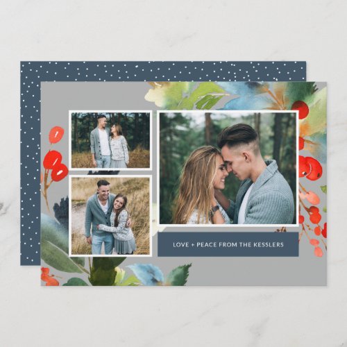 Watercolor Floral Christmas 3 Photo Collage  Gray Holiday Card