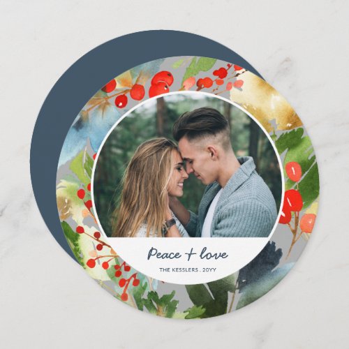 Watercolor Floral Christmas Circle Photo Gray Holiday Card