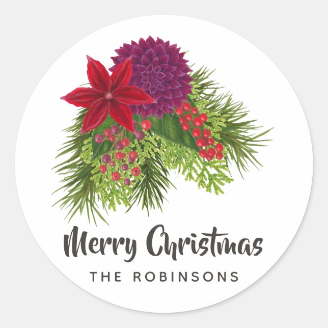 Watercolor Floral Christmas Classic Round Sticker (Front)