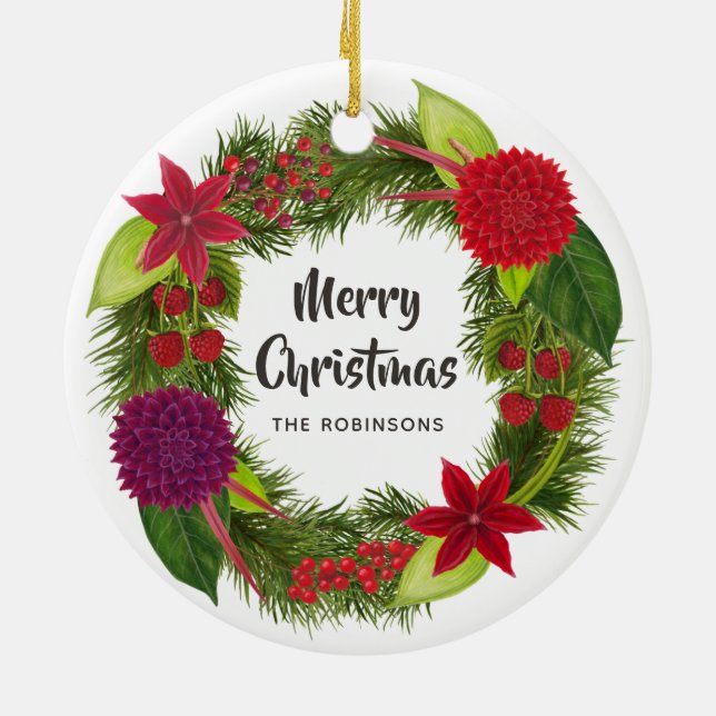 Watercolor Floral Christmas Family Photo Ceramic Ornament (Back)