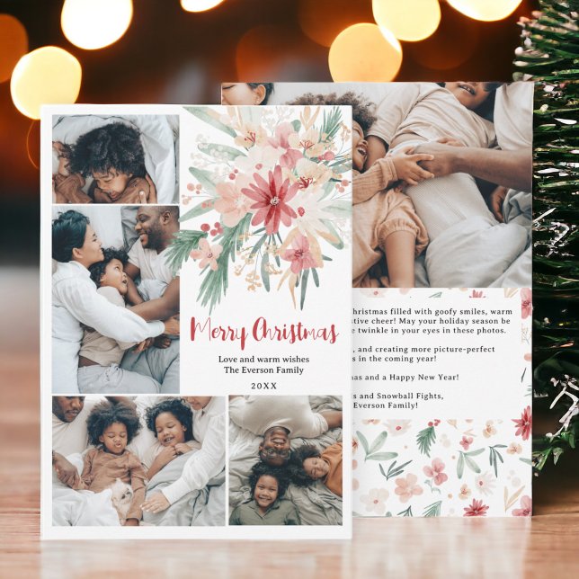 Watercolor Floral Christmas Five-Photo Collage Holiday Card (Watercolor Floral Christmas Five-Photo Collage Holiday Card)