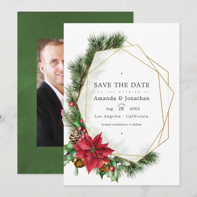 Watercolor Floral Christmas Geometric Wedding Save The Date (Front/Back)