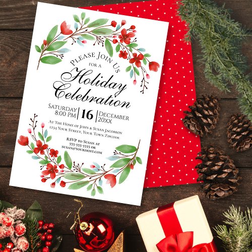 Watercolor Floral Christmas Holiday Party Invitation