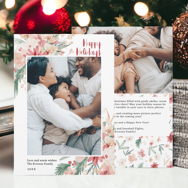 Watercolor Floral Christmas Holiday Photo Collage Card (Watercolor Floral Christmas Holiday Photo Collage)
