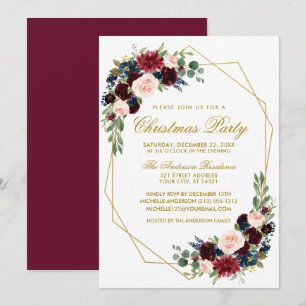 Watercolor Floral Christmas Party Gold Frame Invitation