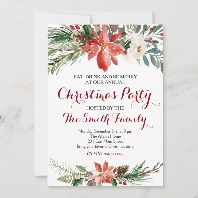 Watercolor Floral Christmas Party Invitation (Front)