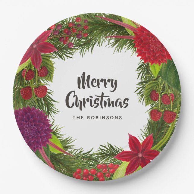 Watercolor Floral Christmas Party Paper Plates (Front)
