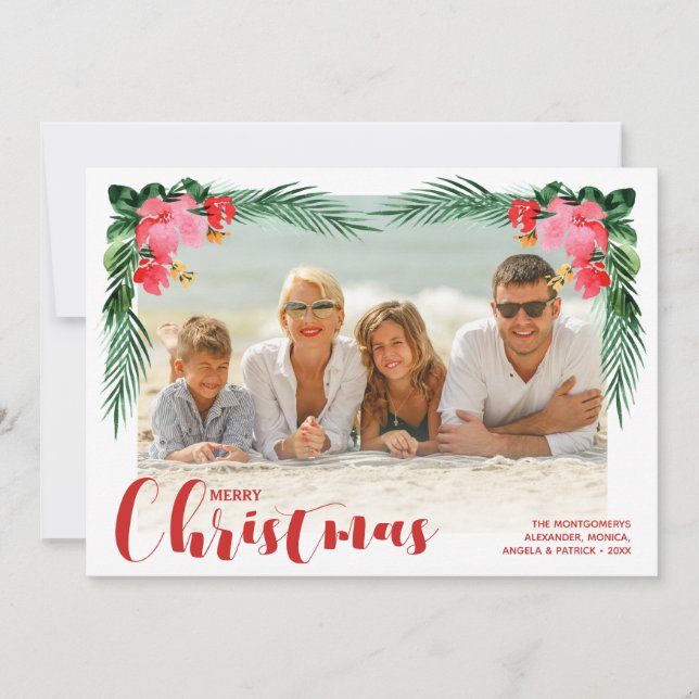 Watercolor Floral Christmas Photo Holiday Card (Front)