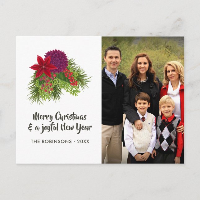Watercolor Floral Christmas Photo Holiday Postcard (Front)