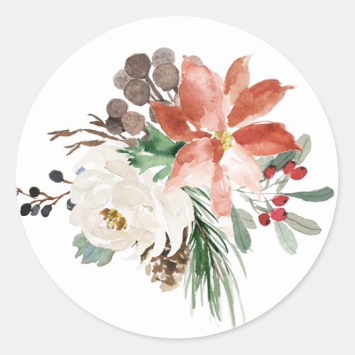 Watercolor Floral Christmas Round Sticker