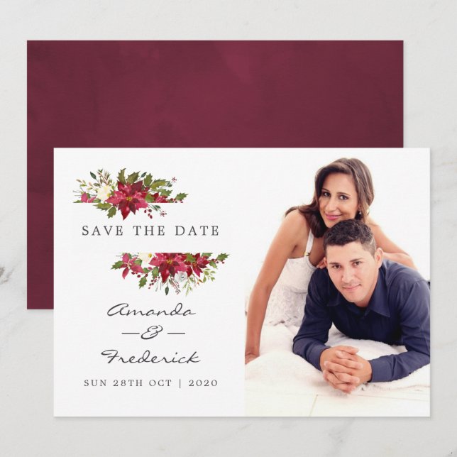Watercolor Floral Christmas Wedding Save the Date Invitation (Front/Back)