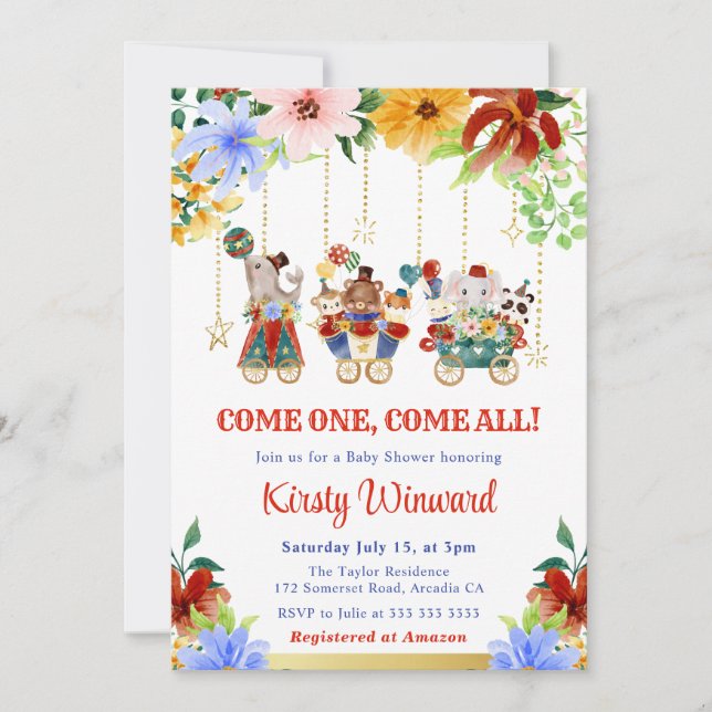 Watercolor Floral Circus Animals Baby Shower Invitation (Front)