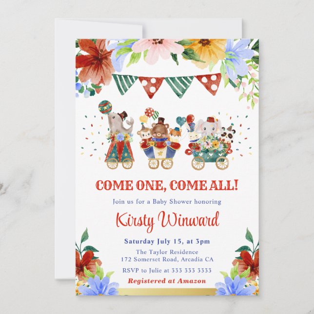 Watercolor Floral Circus Animals Baby Shower Invitation (Front)
