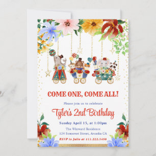 Watercolor Floral Circus Animals Birthday Party Invitation