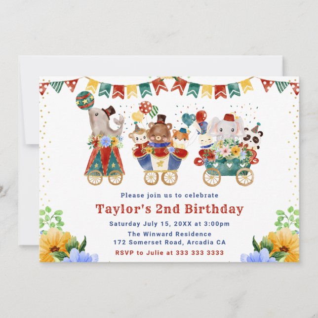 Watercolor Floral Circus Animals Train Birthday Invitation (Front)
