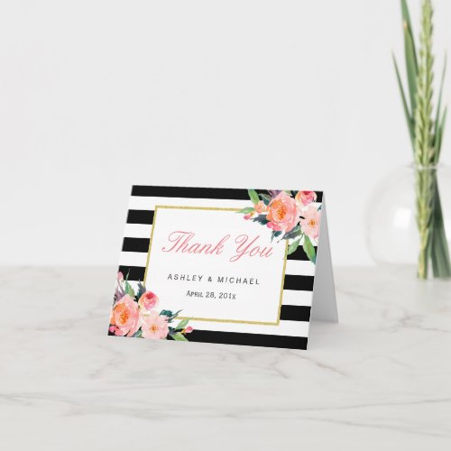 Watercolor Floral Classic Black Stripes Thank You