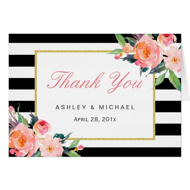 Watercolor Floral Classic Black Stripes Thank You Card
