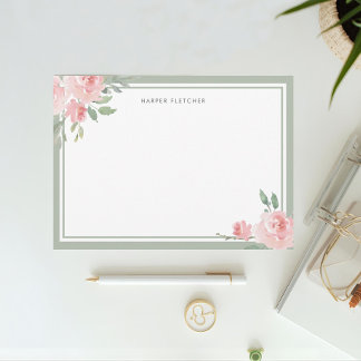 Watercolor Floral Classic Sage Border Note Card