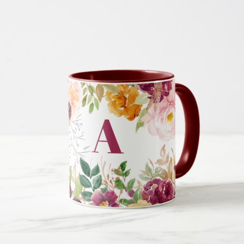 Watercolor floral classy elegant burgundy monogram mug