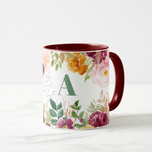 Watercolor floral classy elegant green monogram mug