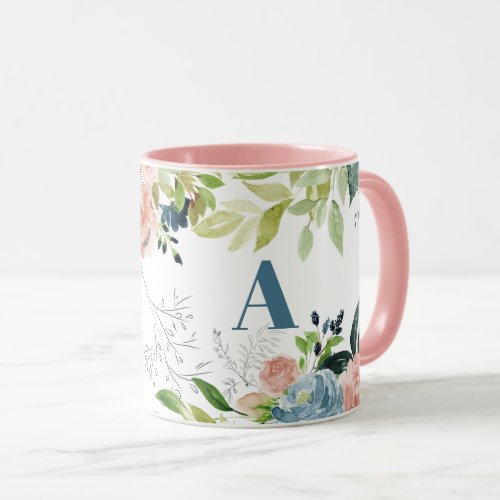 Watercolor floral classy elegant navy monogrammed mug