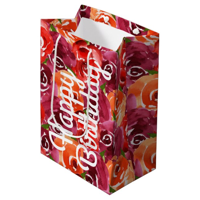 Watercolor Floral Collage Happy Birthday Medium Gift Bag (Front Angled)