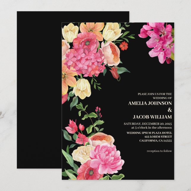 Watercolor floral color flowers black wedding invitation (Front/Back)