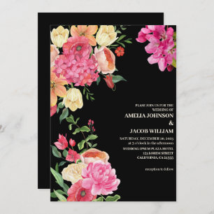 Watercolor floral color flowers black wedding invitation