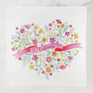 Watercolor floral colorful personalize name trinket tray