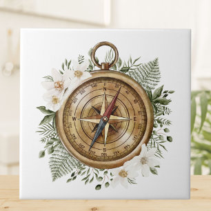 Watercolor Floral Compass Ceramic Tile