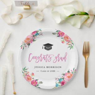 Watercolor Floral Congrats Grad Graduation Party Paper Plates