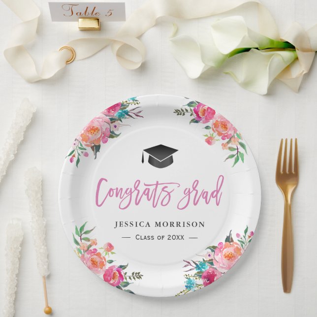Watercolor Floral Congrats Grad Graduation Party Paper Plates (Wedding)