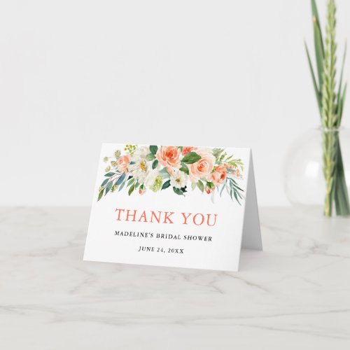 Watercolor Floral Coral Bridal Shower Note Thank You Card