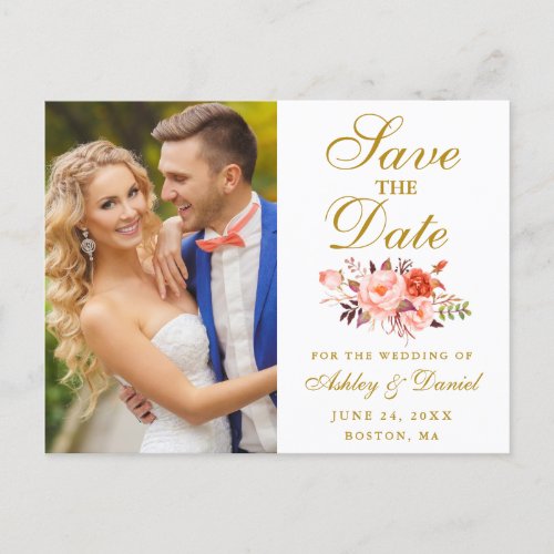 Watercolor Floral Coral Gold Photo Save The Date Postcard